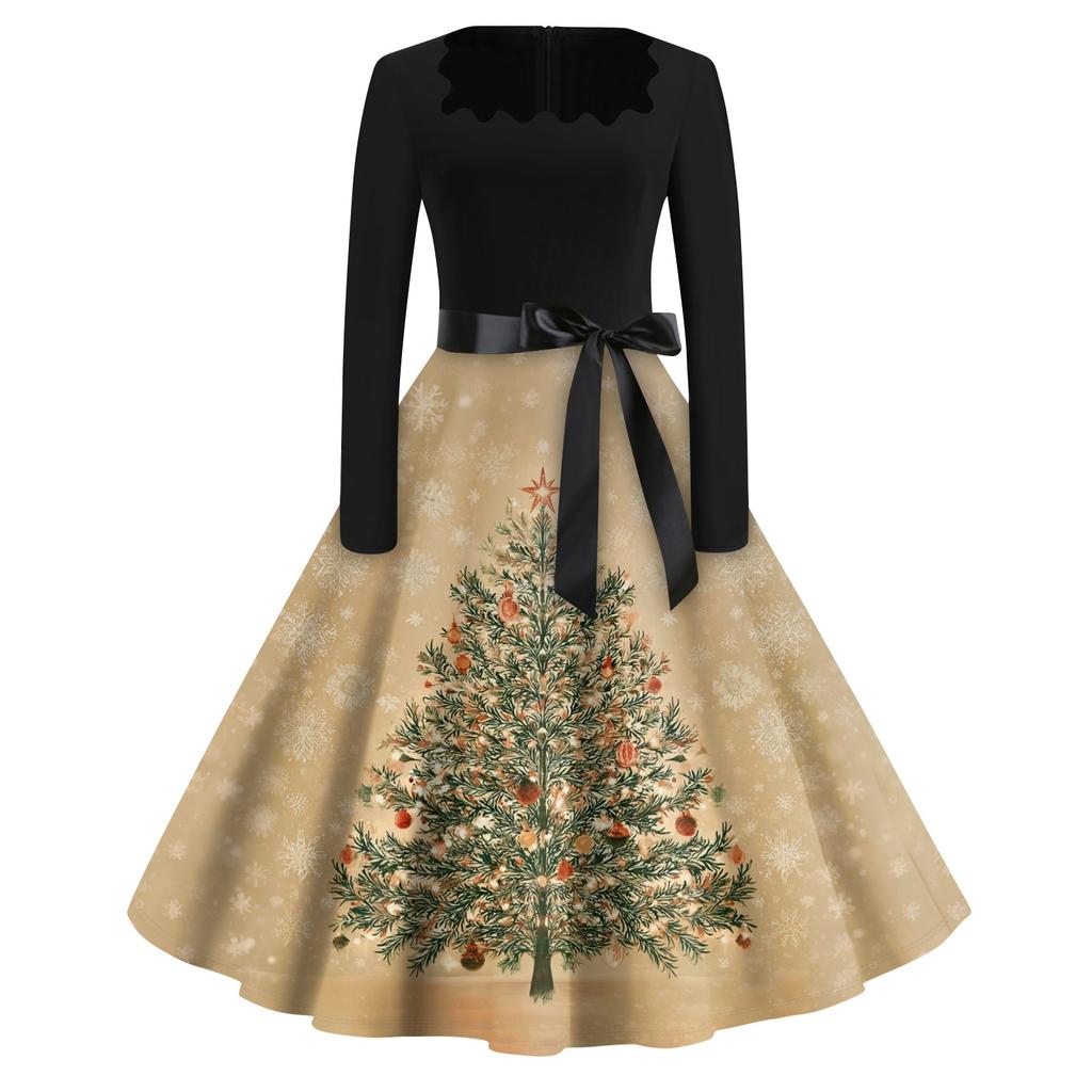 Christmas Print Flare Dress For Women Long Sleeve Dress Hollow Party Casual Square Collar Dresses