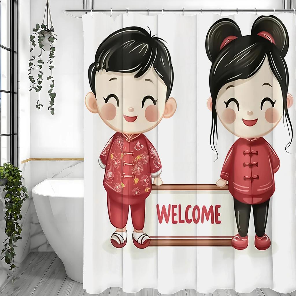Valentine's Day Cartoon Character Welcome Shower Curtain, Bathroom Decorative Shower Curtain, Waterproof Shower Curtain with Hoo