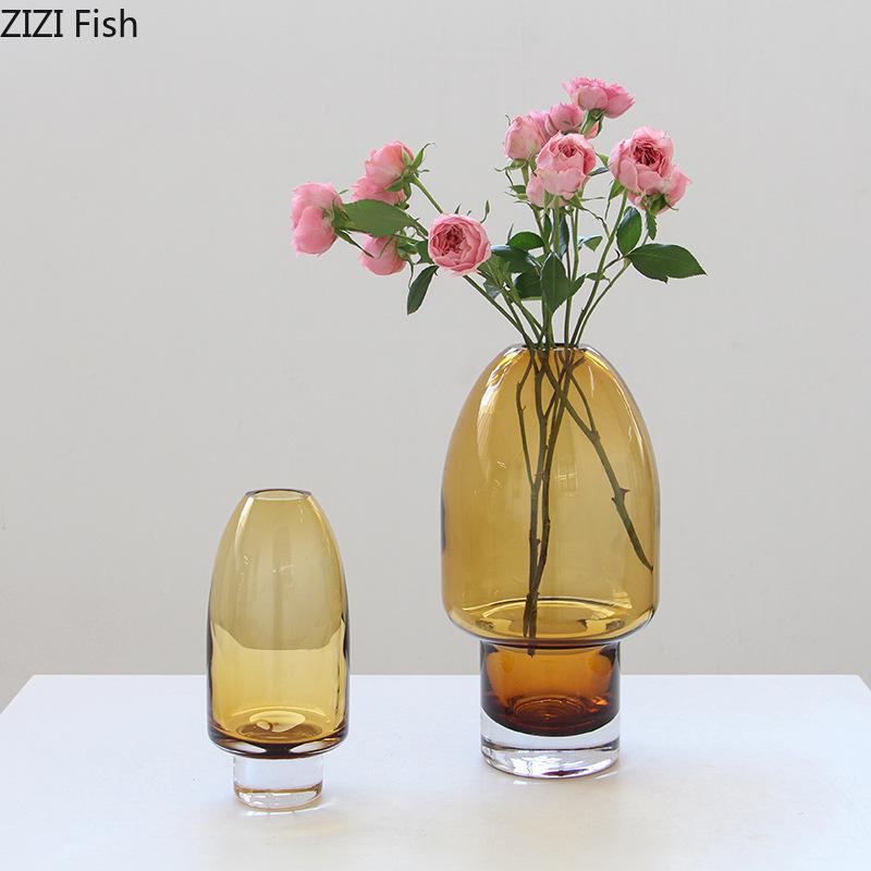 Transparent Amber Color Glass Vase Round Flower Pots Table Decoration Flowers Arrangement Floral Vases Room Aesthetic Decor