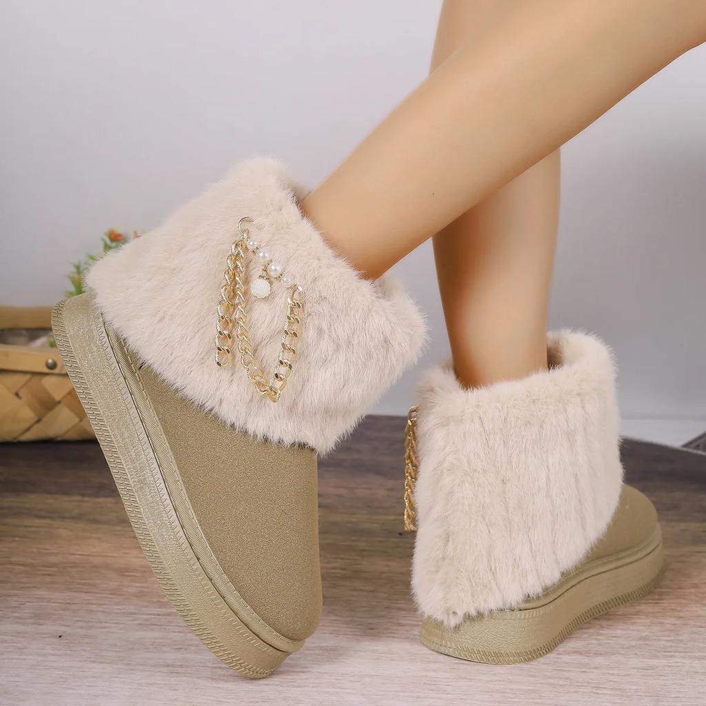 Bottes de neige en velours à plateforme avec chaîne en métal pour femmes, grande taille 36-42, chaussures décontractées à semelles souples, tendance
