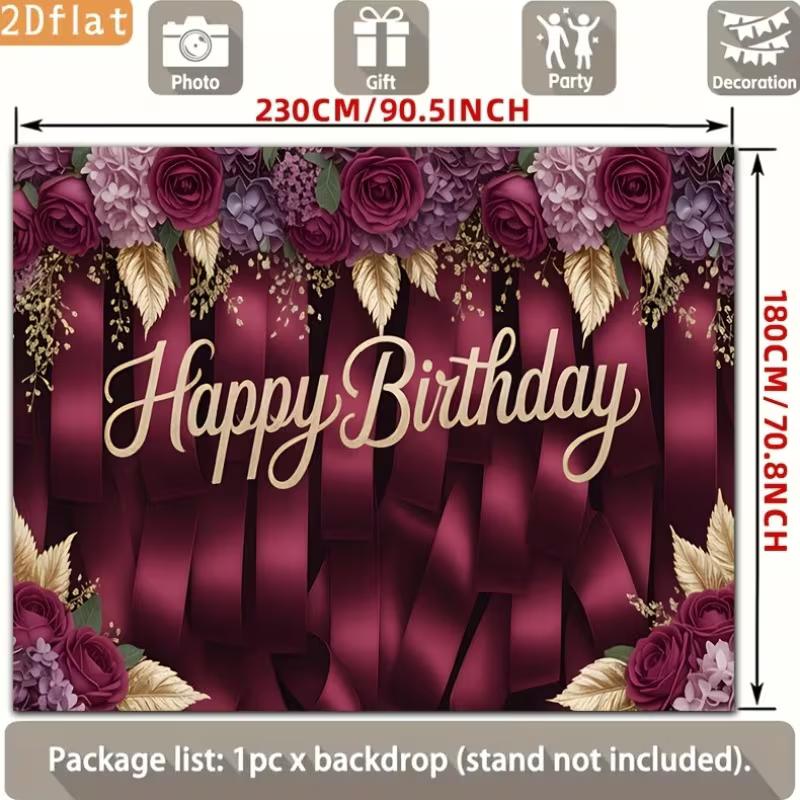 2D Birthday Photography Backdrop Burgundy Background with Purple Flowers and Satin Ribbons