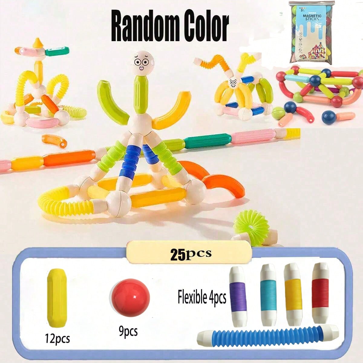 Flexible Magnetic Sticks And Balls Game Set,Magnetic Rod Soft Grip Versatile And Scalable Magnetic Building Blocks Gift For Baby