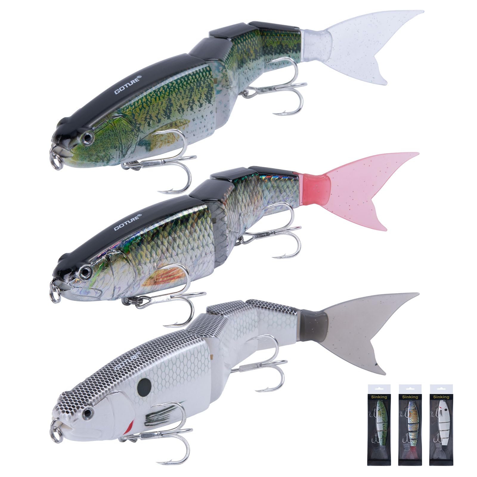 

Goture Jointed 3 Interchangeable Soft Slow Lifelike Triple Hook for Sea River Bass Black Sea and Suitable for and Saltwater and Freshwater Fishing