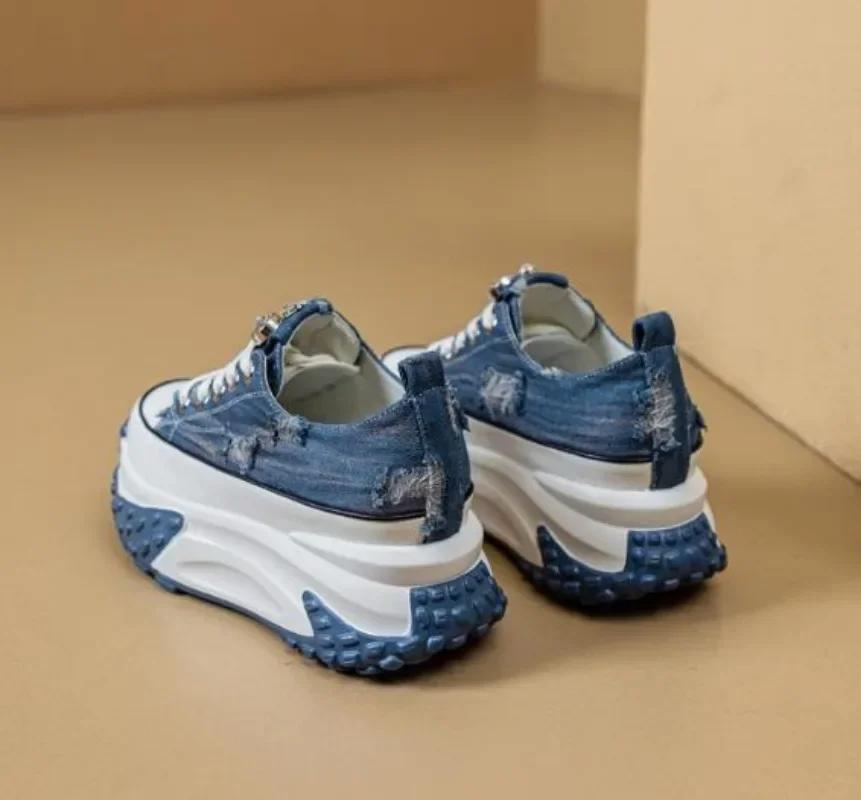 Mode 6CM Denim Echtleder Plateau Keilabsatz Schuhe Klobiger Sneaker Lässig Bequem High Brand Strass Frühling Bling Herbstschuhe