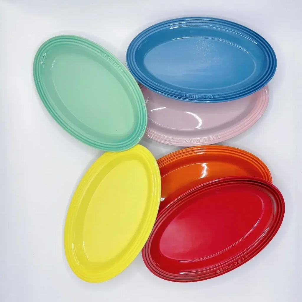 Französische Regenbogenplatte Elliptisch Flach 25cm Hellfarbiges Steinzeug Keramik Elliptisch Flach Gemüse Obst Fischplatte
