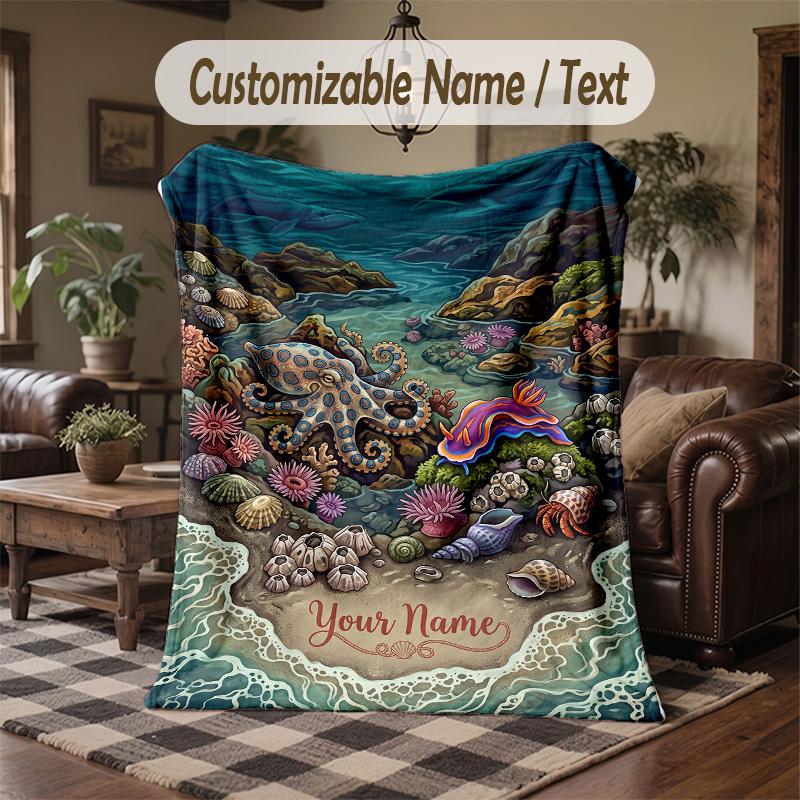 Oceanic Shell Paradise Theme Throw Blanket Custom Name Text Personalized Blanket Soft Cozy Blanket for Home Sofa Bed