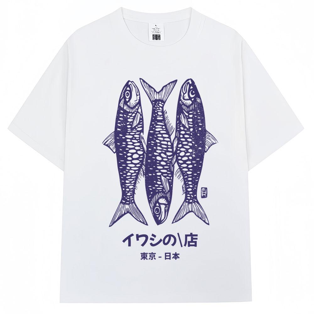 Japanese Style Sardines Shop Print Tshirt Summer Fashion Vintage Unisex Women T Shirt Oversized Cotton Casual T Shirts Streetwear