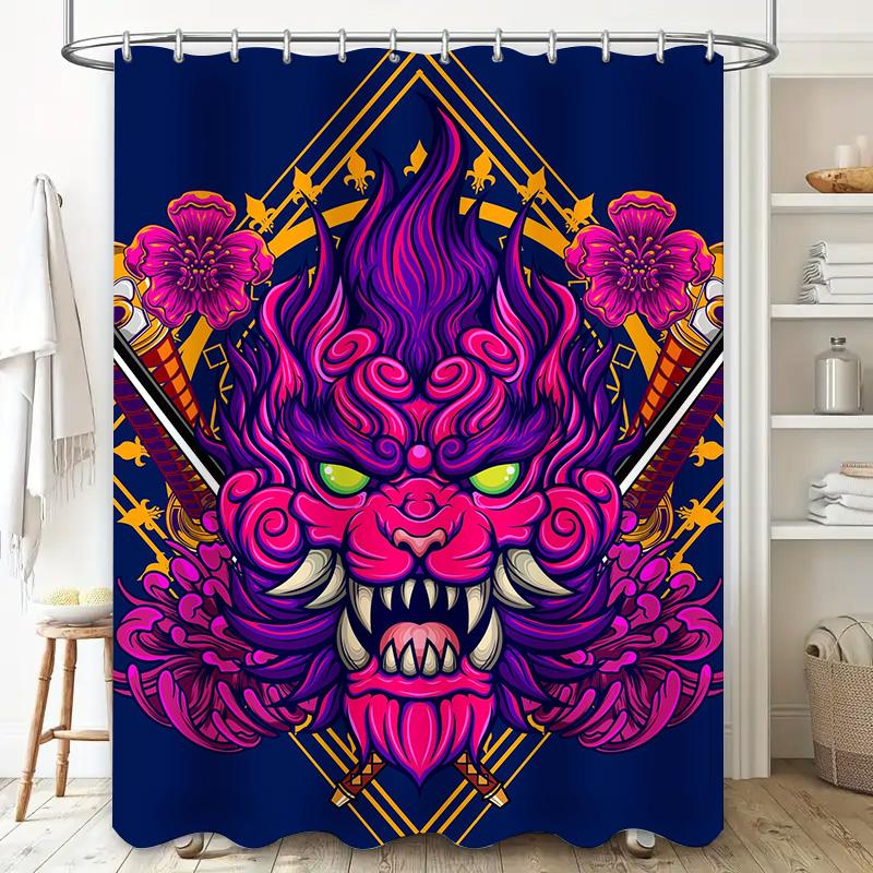 Tuniu Dragon Warrior Shower Curtain Fierce Japanese Demon Art Red White Floral Wall Decor Bathroom Decor