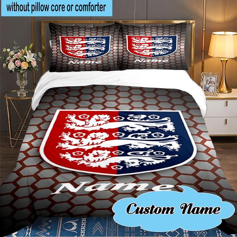 Custom Name England Football Crest Bedding Set 3pcs, Bedding Set Including 1pc Duvet Cover And 2pcs Pillowcases for Bedroom, Dormitory Gift