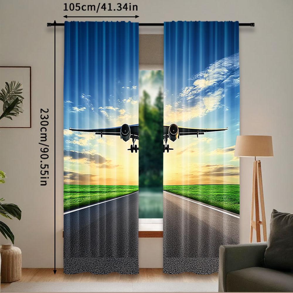 Plane Curtain Airplane Landing Takeoff Airport Runway Rosy Clouds Sky Scene Living Room Bedroom Curtains Set Of 2 Made Polyester Great Decor