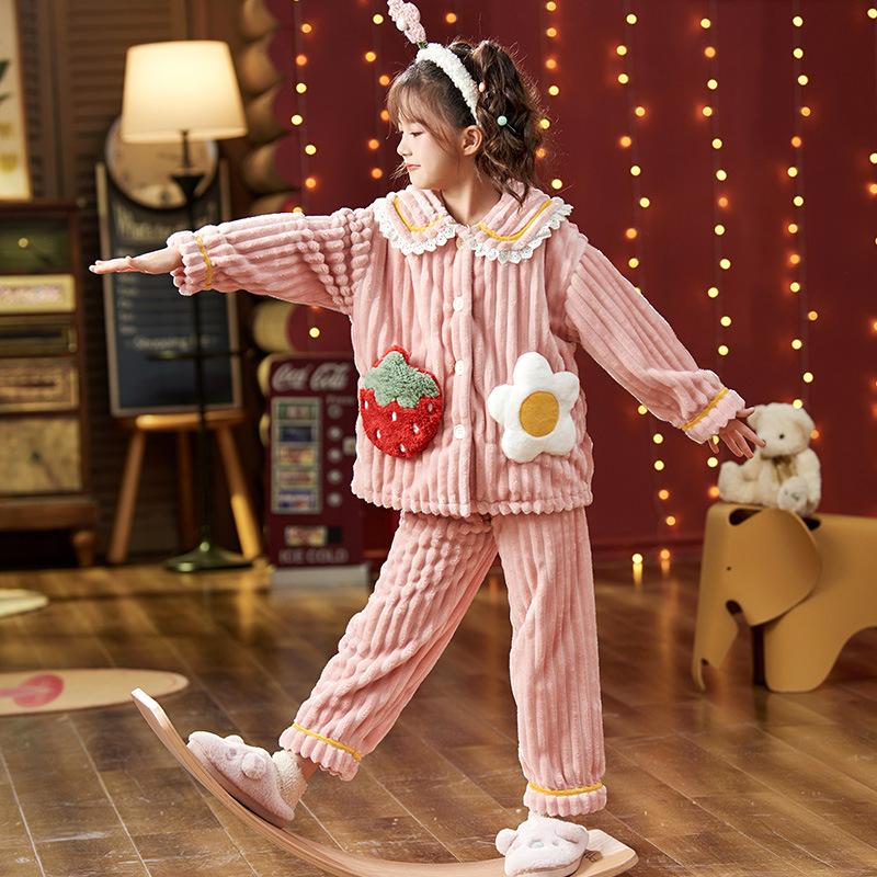Kids Flannel Pajamas Set Boys Girls Warm Long Sleeve Top And Pants Sleepwear Winter Home Nightwear