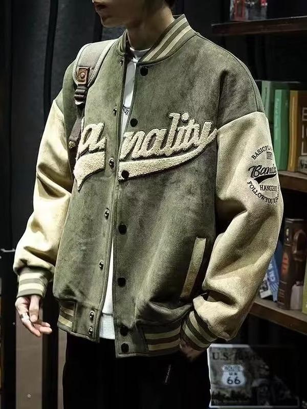 Męska Retro Zamszowa Kurtka Baseballowa - Haftowany Bomber z Frotte na Jesień/Zimę