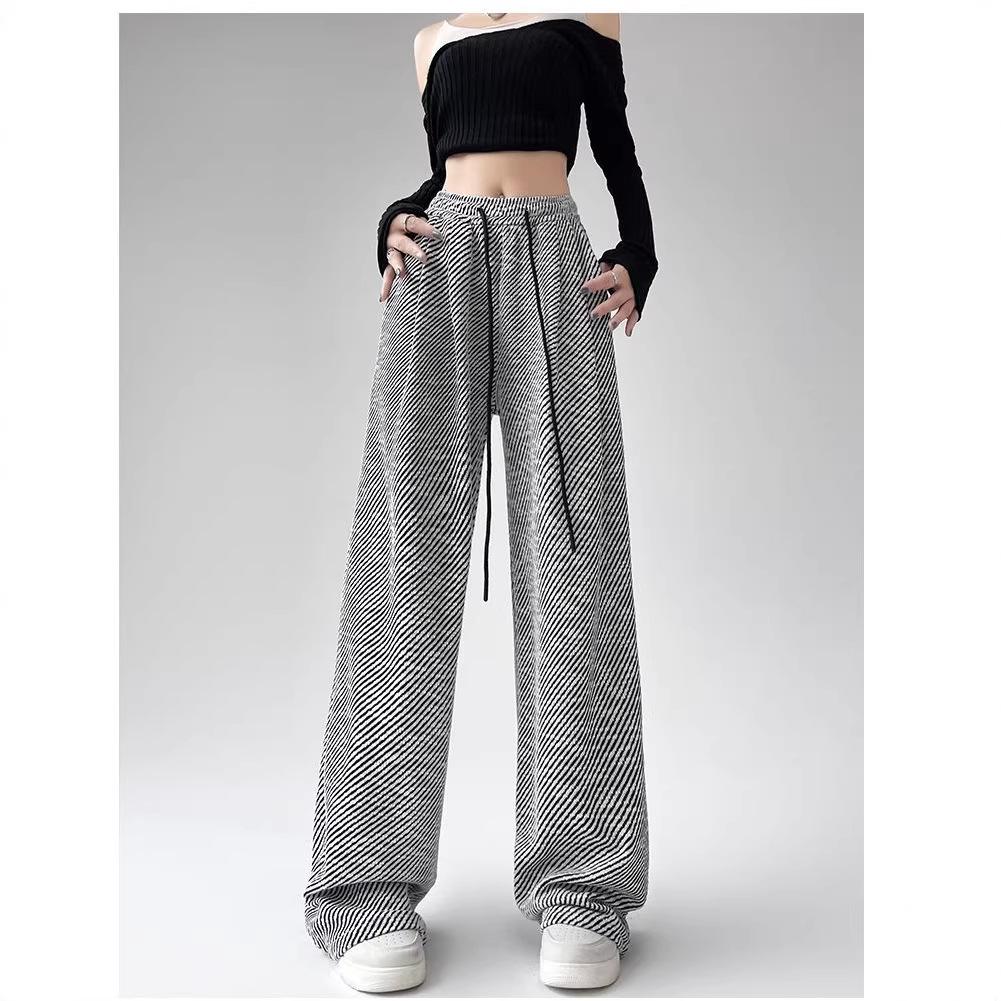 Black & White Striped Silk Wide-Leg Pants - Women's Autumn Winter Casual Floor-Length Style