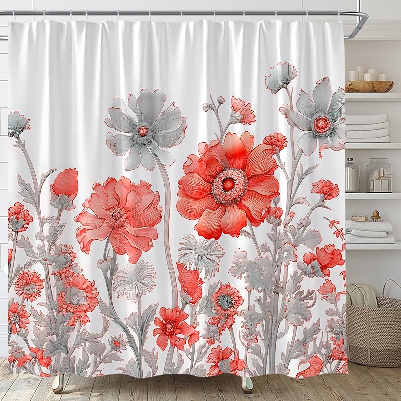 Yellow Grey Floral Shower Curtain Watercolor Flower Leaves Rustic Farmhouse Nature Plant Abstract Modern Home Fabric Bathroom Decor Set Include