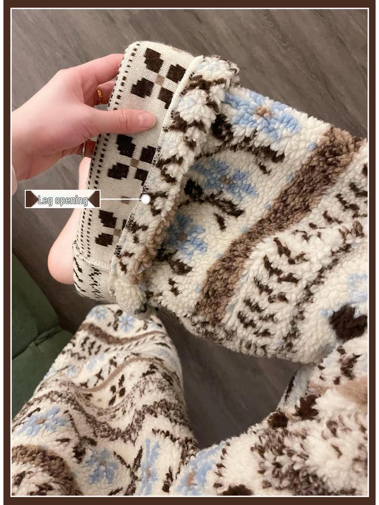 Pantaloni da notte invernali da donna a gamba larga a vita alta in lana d'agnello stile Fair Isle retrò