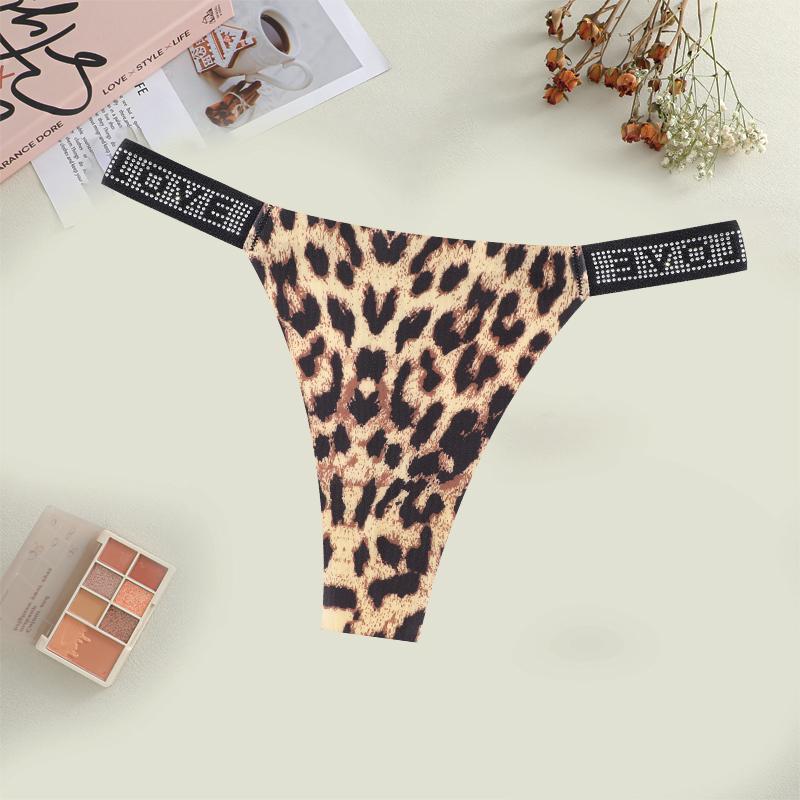 Women's Sexy Leopard Underwear Rhinestone Letter Belt Thongs Female Seamless Stretchy Panties 14 Colors Low-Waisted Lingerie