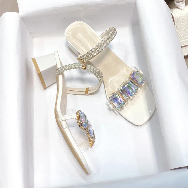 Fashion Fashion Rhinestone Decor Sandals for Women Summer 2025 Square Toe Thick Heel Slippers Woman Korean Transparent Pvc Jelly Slides