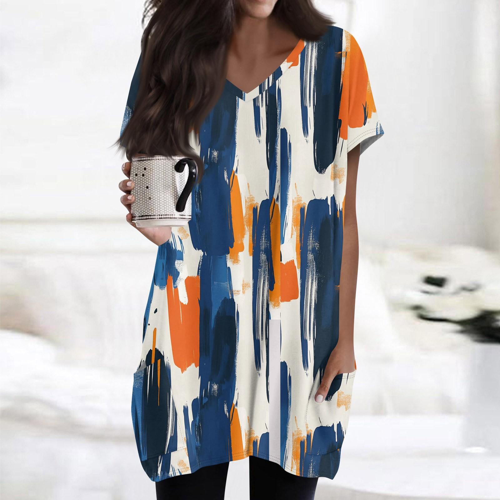 

Женский модный и повседневный топ с V-образным вырезом, цветочным принтом, средней длиной, карманом и короткими рукавами L синий