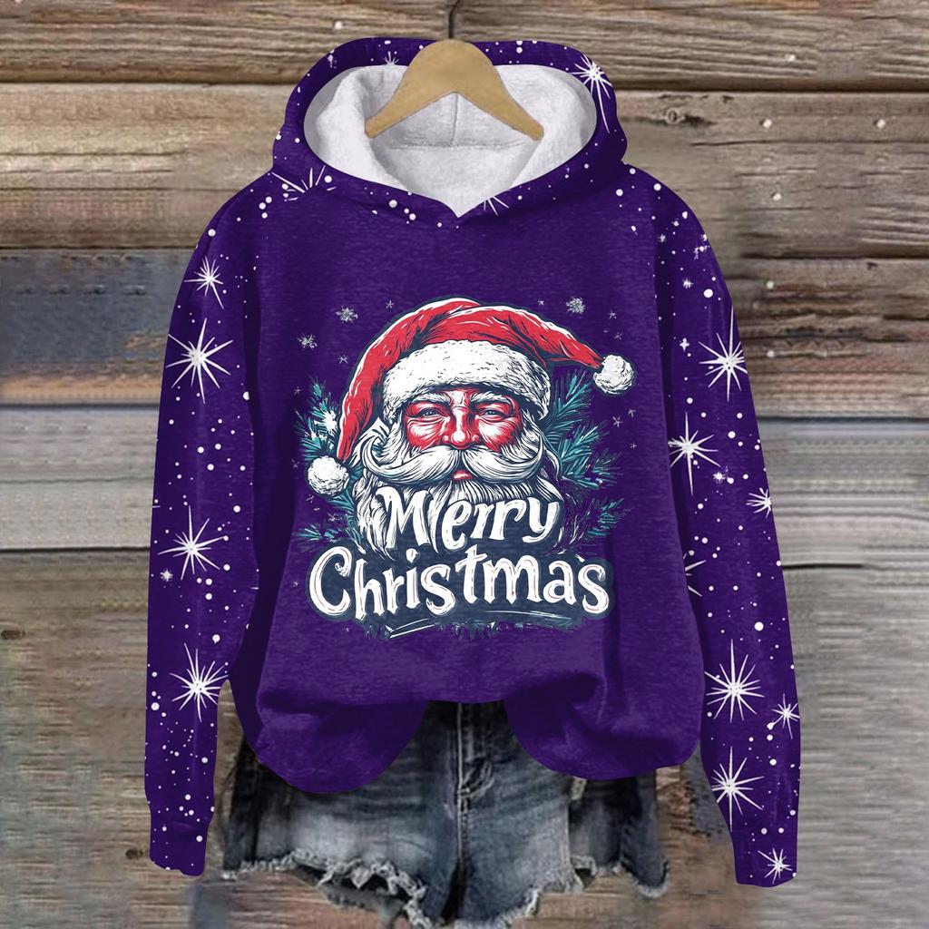 Women's Fashion Pullover Plunging Sleeve Christmas Printed Hooded Sweatshirt