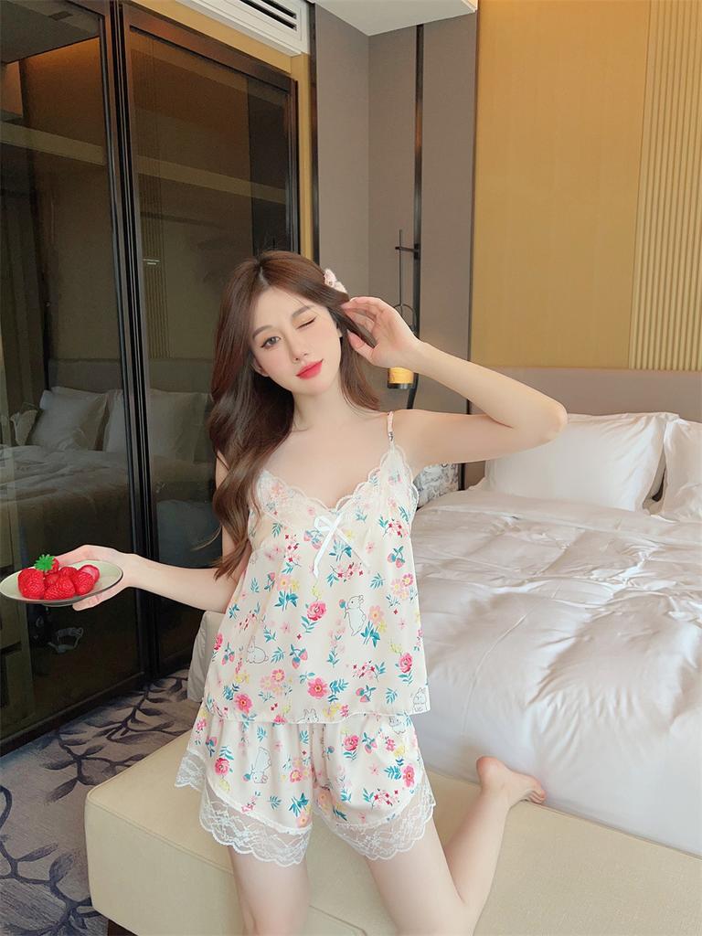 Summer New Pajamas Women's Ice Ribbon Chest Pad Printing Series Short Hanging Shorts Pure Desire Wind Lace Loungewear Set