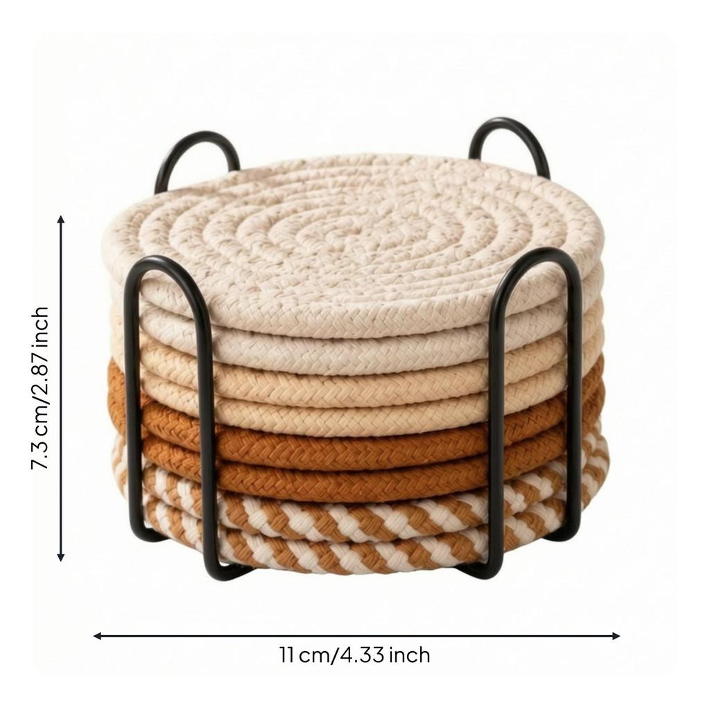 8 Pieces Braided Coaster Washable Set with Metal Storage Rack Reusable Thread Warming Mat
