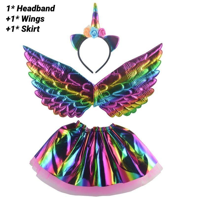 Unicorn Children Costume Headband Skirt Wings Party Clothing Outfit Performance