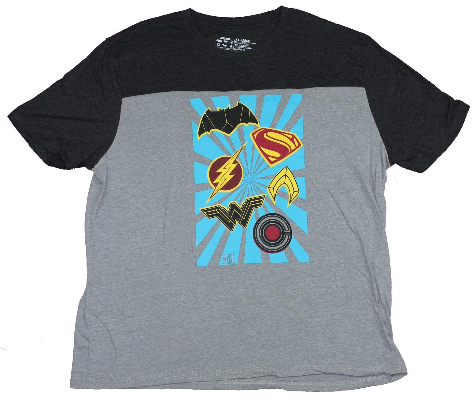 Justice League Mens Yoke T-Shirt- Multiple Logos Of the Justice Team Beaming XXL