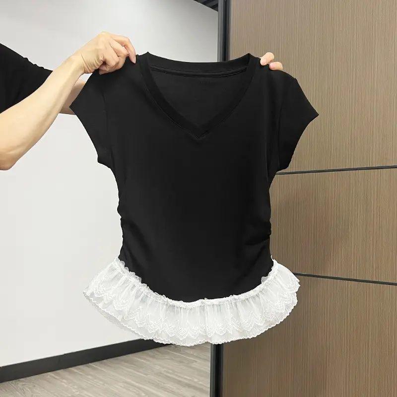 

Women s Summer V-Neck Lace Trim Slim-Fit T-Shirt with Ruffle Hem Small серый