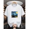 Oversized White Van Gogh Starry Night Black Cat Graphic Print Casual Short Sleeve T-Shirt Tee for Cat Lovers