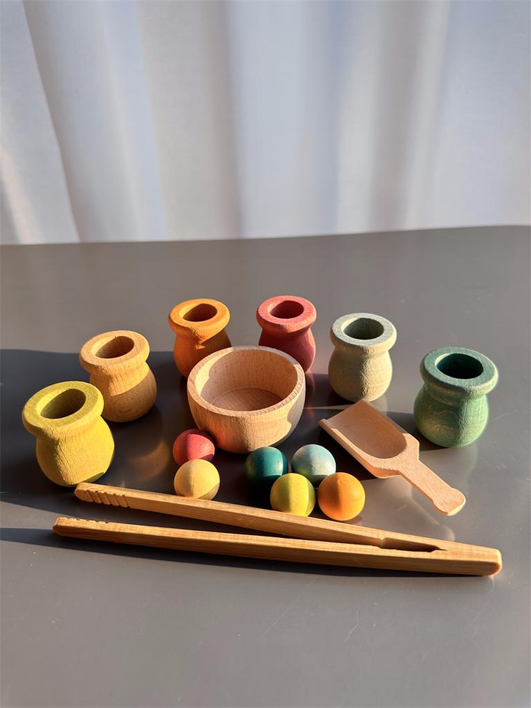 Beech Wooden Rainbow Sorting Toys Early Learning for Kids Pastel Pot Peg Dolls with Balls