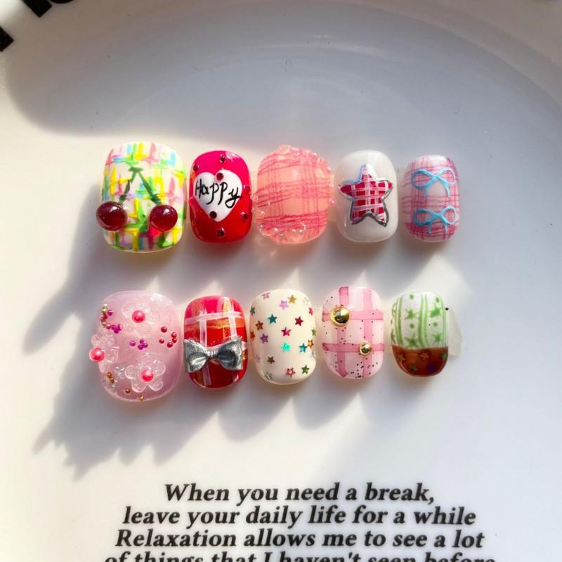 Cute Hand-Painted Press-On Nails Short Square Cat Eye Design Sweet Ins Style Nail Art Women