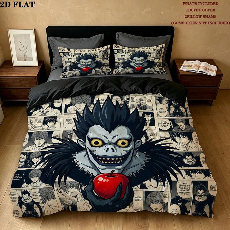 Pościel z Wzorem Death Note Zestaw Kołdra Poszewka na Kołdrę Poszewka na Poduszkę Domowy Prezent Urodzinowy(1 * poszwa na kołdrę + 2 * poszewki na poduszki, bez rdzenia)