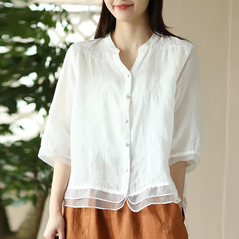 Women's Summer Literary Retro Embroidery Blouse Splicing Temperament Comfortable Tops