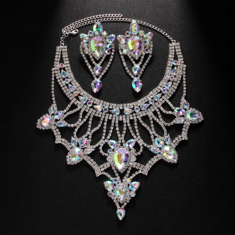 

Rhinestone Necklace Set, Personalized Exaggerated Water Drop Earrings Jewelry Set Jewelry Set Silver Plated