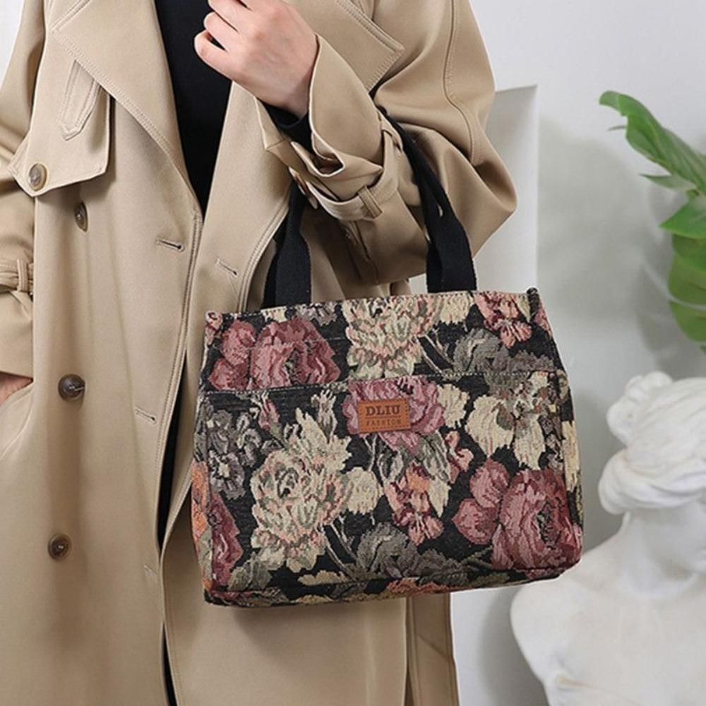Portable Floral Print Women's Tote Bag Thickened Canvas Lunch Bag Zipper Large Capacity Jacquard Handbag