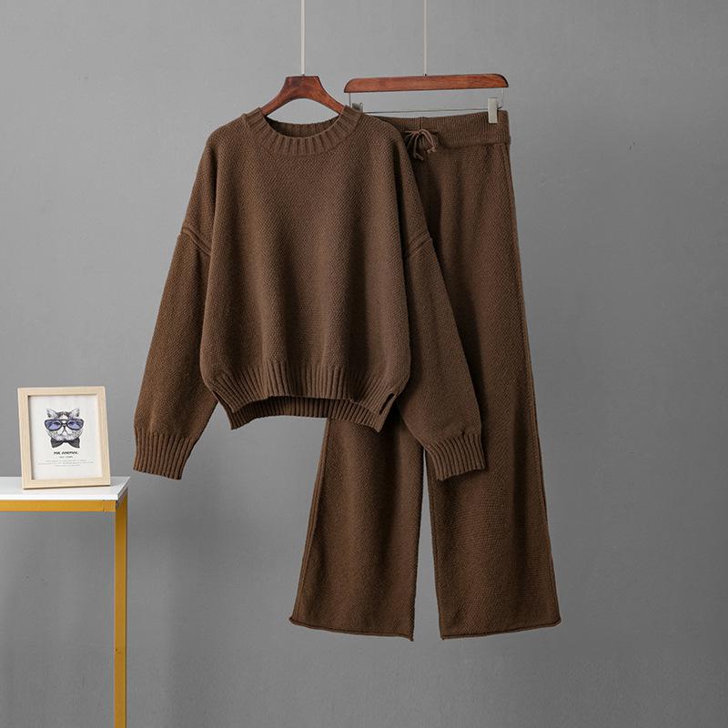 Ladies' Early Autumn New Sweater Fashion Two-piece Set Shoulder Long Sleeve Pullover + Straight Wide Leg Pants Combination