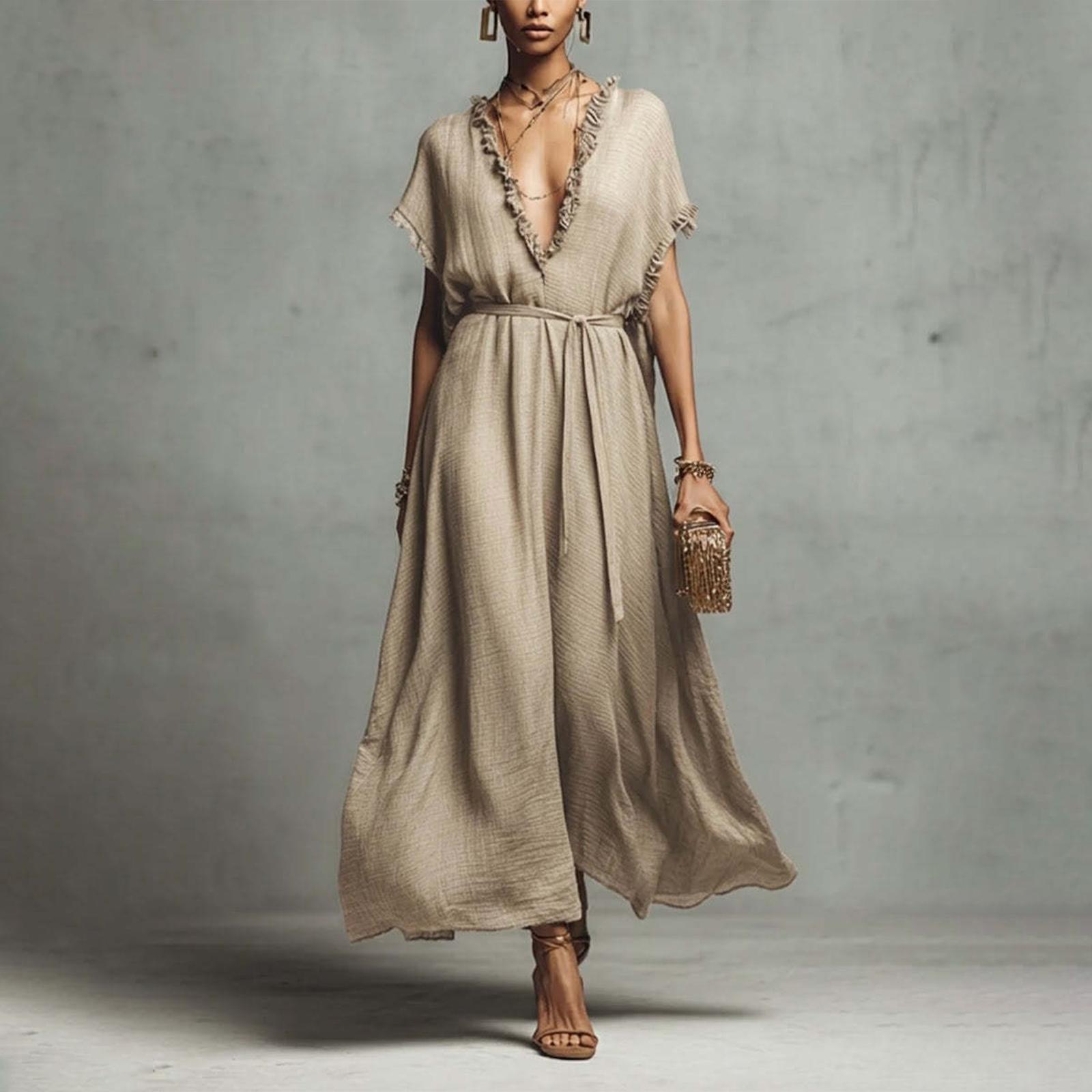 Women s Loose V-neck Casual And Fashionable Commuting Dress XL хаки