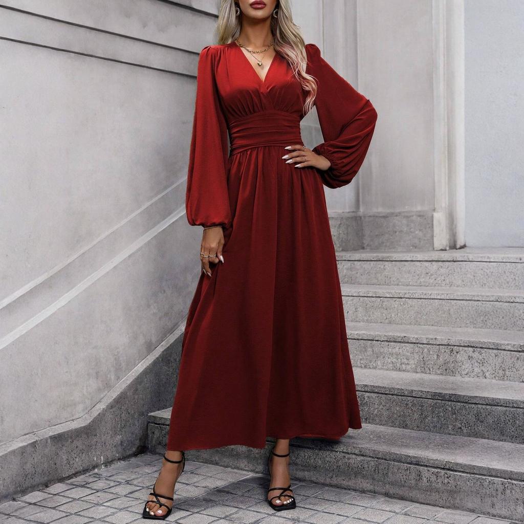 Women's Fashionable Color V-neck Long Sleeved Slit Dress