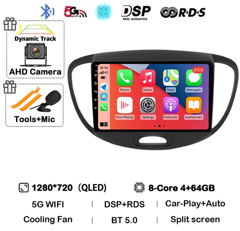 Android 14 CarPlay Auto Car Radio GPS For Hyundai i10 2007 2008 2009 2010 2011 2012 2013 Multimedia Video Player Stereo WIFI+4G
