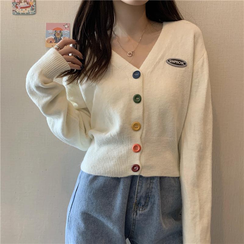 Women Sweater Cardigan Solid Korean V-neck Knitted Cardigan Lady Casual Slim Colorful Single Breasted Short Jumper Coats
