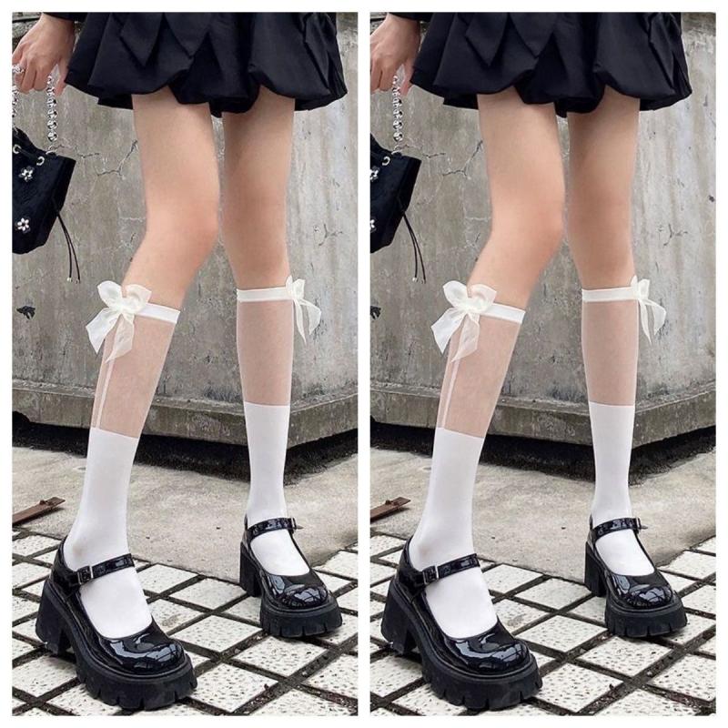 

2 Pairs Transparent Spliced Calf Socks Japanese Knee Sock Sweet Bow Lolita Mid Tube Socks College Kawaii Girls Slim Stockings One Size