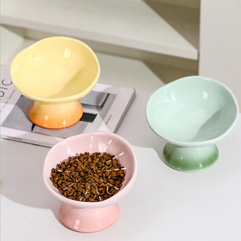 Ceramic Tall Footed Drinking Water Bowls, Anti Overturning Oblique Mouth, Neck Protection, Large Caliber Cat Bowl, Articles, 1Pc