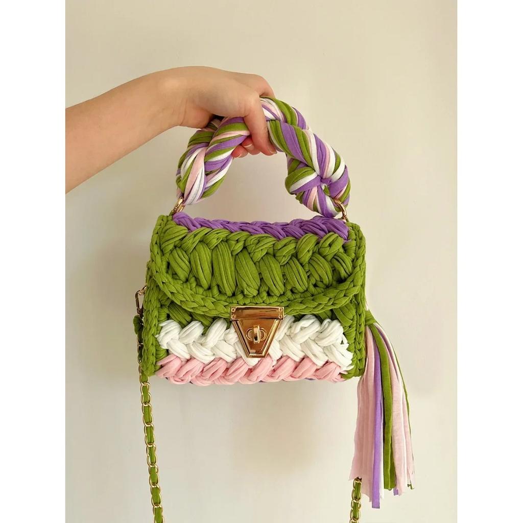 Fashion Wool Knitting Handmade Crochet Shoulder Bag Tassel Fabric Bags for Women Designer Thread Crossbody Fin Bag