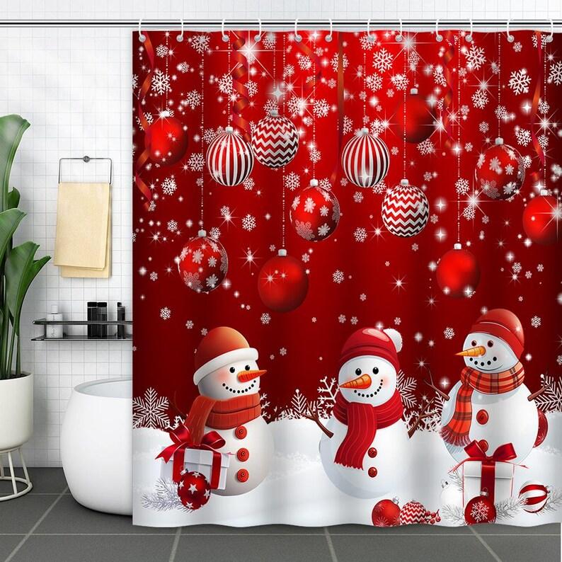 Snowman Red Ornaments Christmas Shower Curtain With Hooks, Merry Holiday Bathroom Decor For Festive Winter Celebration