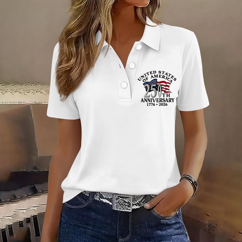 Women's Casual Button Front Short Sleeve Polo Shirt 250th Anniversary United States Printed Top 1776 To 2026 Commemorative Apparel