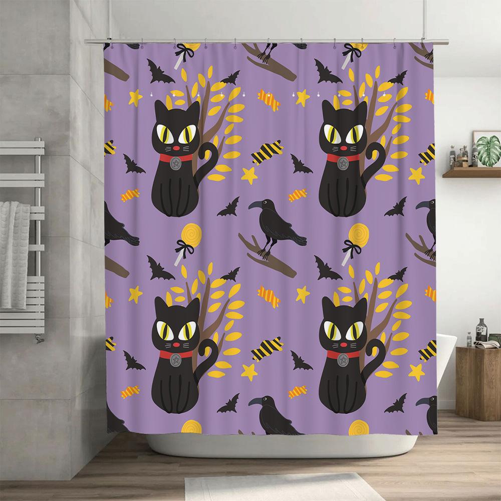 Halloween Cat Pattern Shower Curtain Purple Floral Design With Witch Hat Spider Web For Bat Bath Decor In Bathroom Accessories F