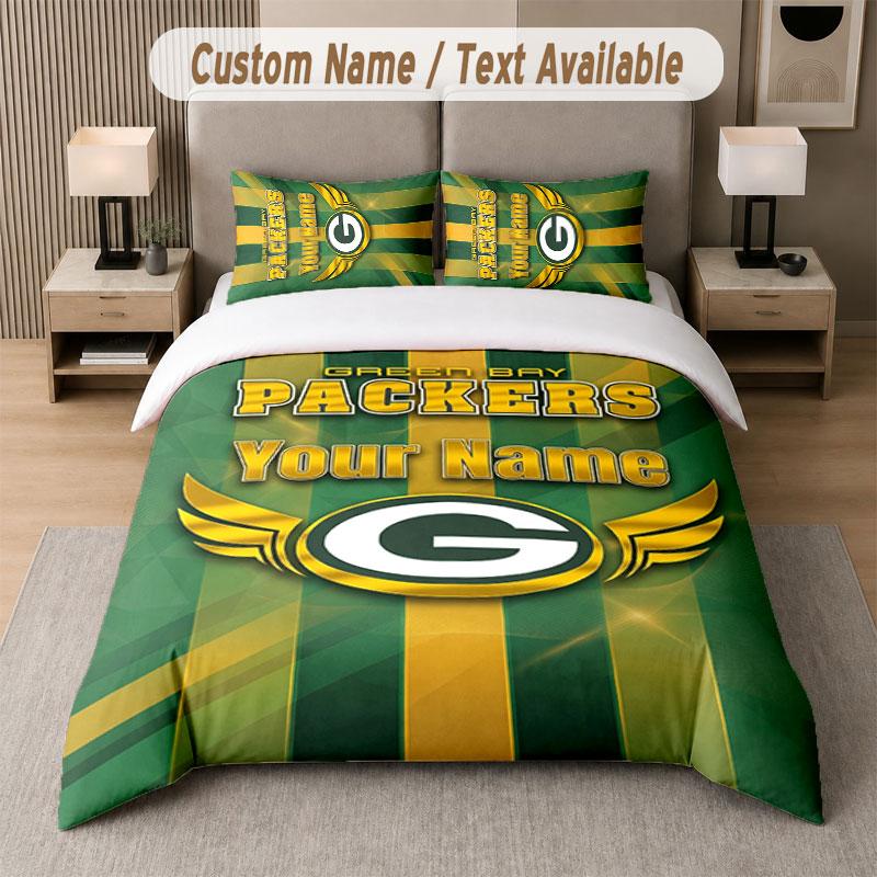Custom Bedding Set Green Bay Packers Pattern, Print Name Text 1 Duvet Cover Plus 2 Pillowcases Home Textile
