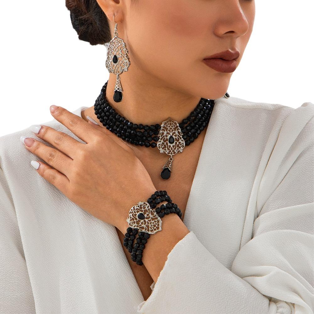 Multilayer Pearl Beaded Bracelet Shiny Necklace Earring Set Temperament Bridal Jewelry Set  Lady