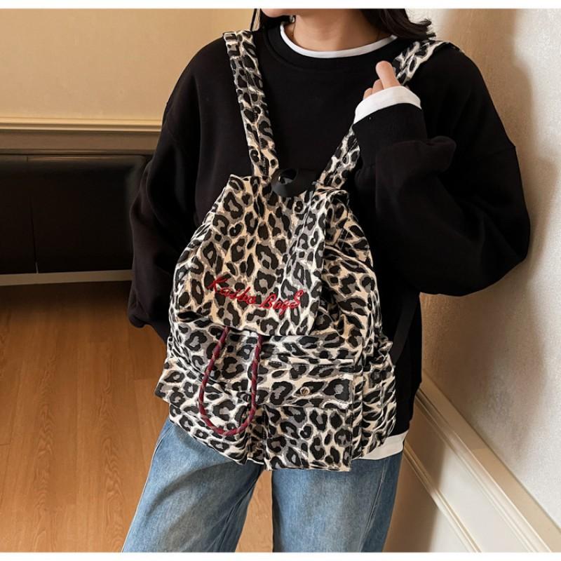 

Niche Design Ins Style Retro Leopard Print Canvas Small Schoolbag Female College Students Class Backpack Travel 33x14x32 покинуть белый