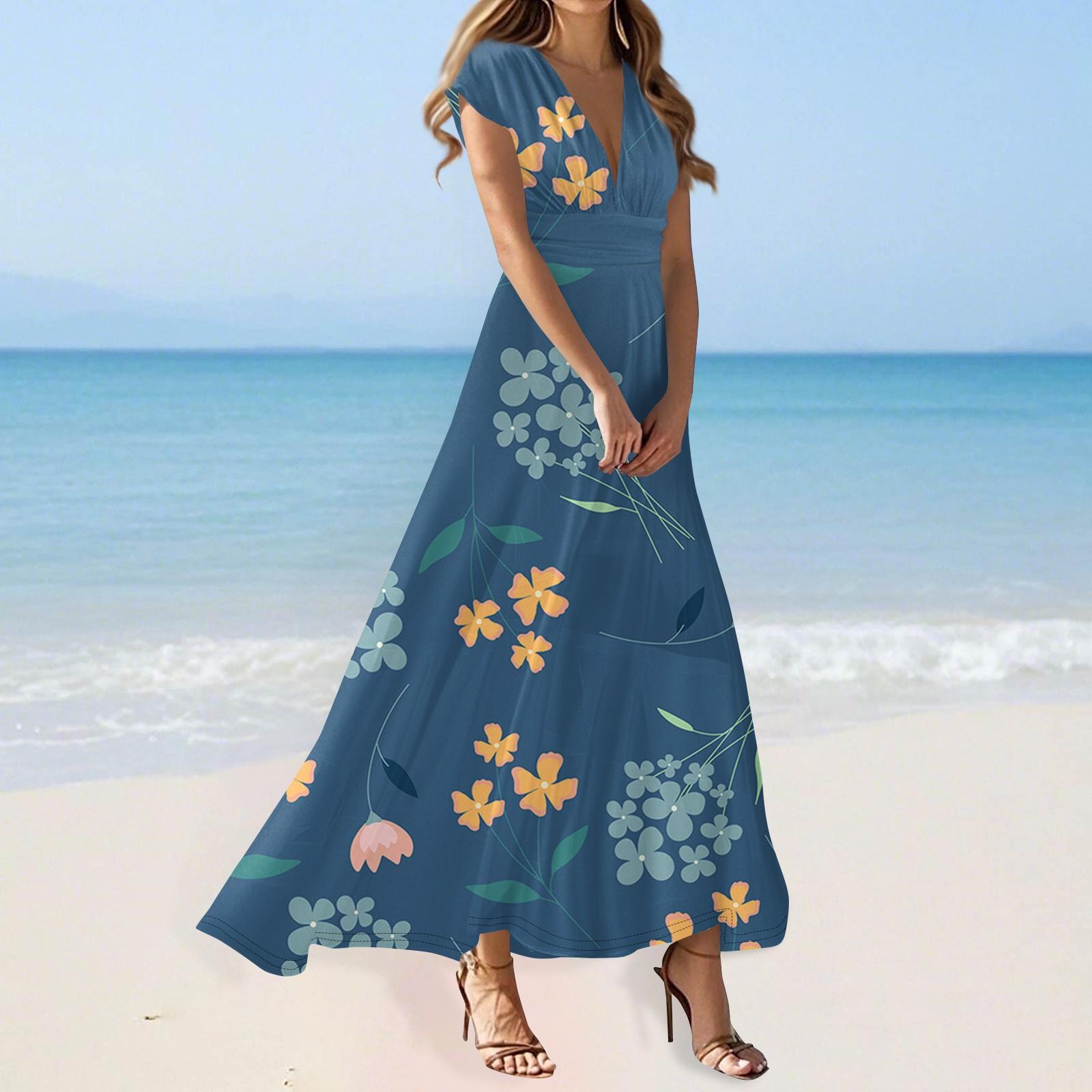 

Женские летние повседневные модные платья с цветочным принтом, платья с V-образным вырезом и коротким рукавом M синий